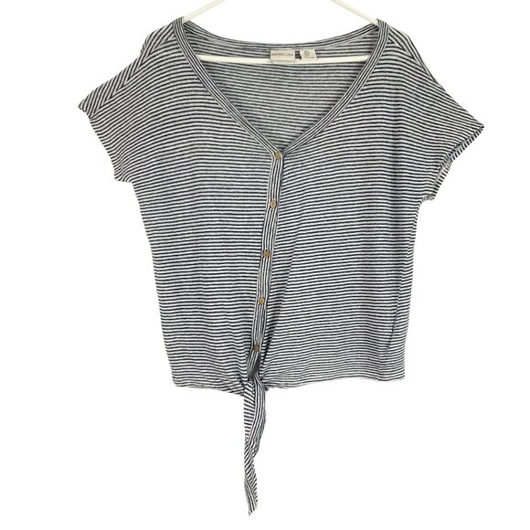 Rachel Zoe Blue White Striped Short Sleeve Button Up V-Neck Linen Tie Top Sz S - Picture 1 of 4